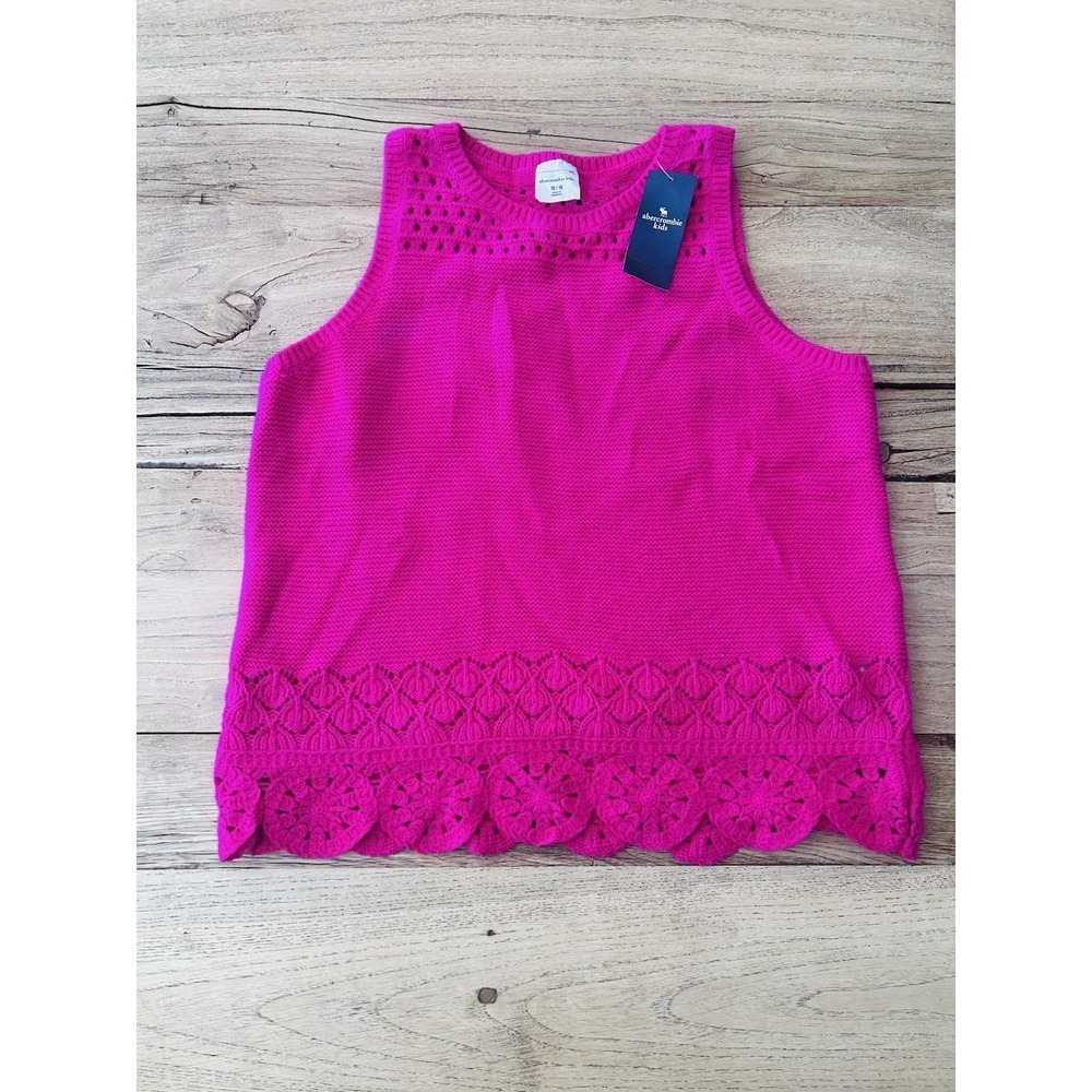 Abercrombie Kids Girls 15/16 Pink Crochet Knit Tank Top Scallop Hem